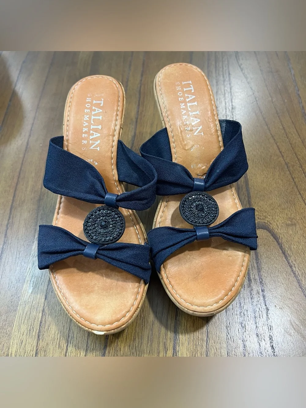 Italian Shoemaker Cork Wedge Beaded Sandal Navy Size 7.5 Vacation Beach